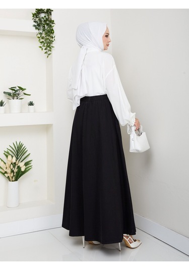 Beli Lastikli İpli Kot Kloş Etek Siyah Siyah