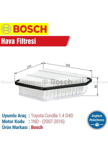 Toyota Corolla Uyumlu 1.4 D4d Bosch Hava Filtresi 2007-2016
