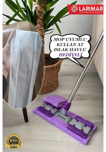 Larimar Kullan At Mop Uyumlu Islak Havlu + Yedek Bez Mor Renk Yer Mopu Mikrofiber Mandallı