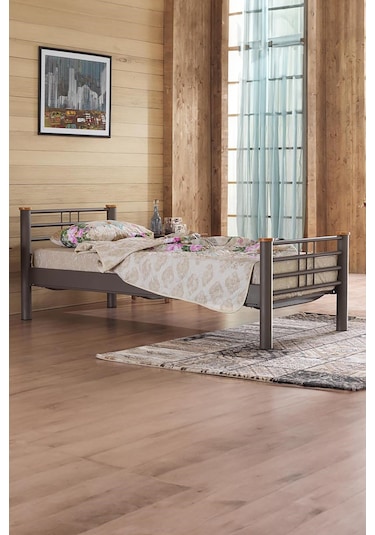 Kappis Tek Kişilik Ferforje Metal Karyola-kahverengi Ahşap Latalı