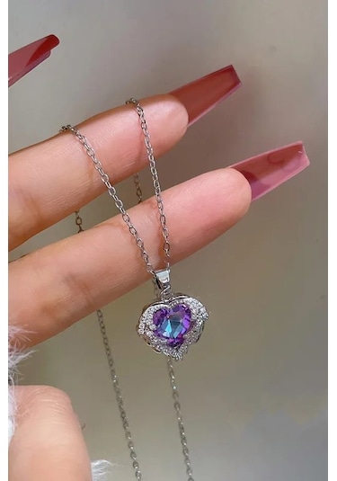 Takı Dükkanı Gümüş Renk Okyanusun Kalbi Kalpli Mor Taşlı Kadın Çelik Kolye Eck51 Gümüş