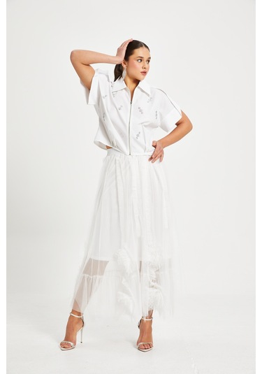 Kadın Tül Detaylı Uzun Etek Astarı Elastan Karışımlı, Özel Tasarım Beyaz