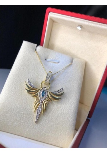 Zümrüdü Anka Kuşu Phoenix Aquamarin Taşlı Gümüş Kolye Işıklı Kutuda Sevgiliye Eşe Anneye Kolye