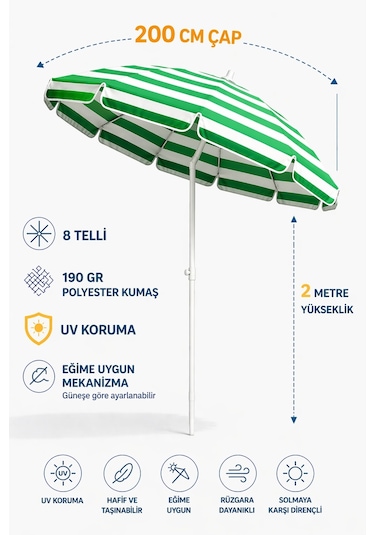 Yeşil Beyaz 200cm, 8 Telli Plaj Şemsiyesi Yeşil - Beyaz