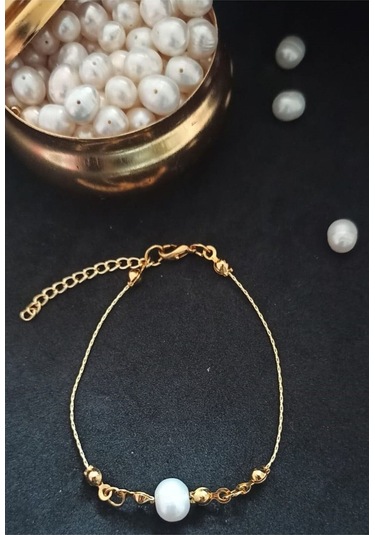 24k Altın Kaplama Tek İnci Zarif Tektanem Bileklik Beyaz Tek Ebat