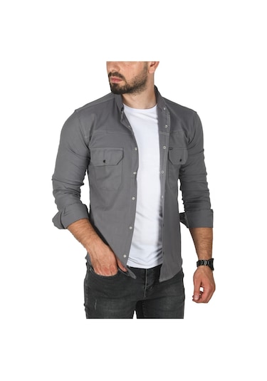 Deepsea Erkek Gri Büyük Beden Pamuklu Likralı Spor Gömlek Dar Kalıp, Çıt Çıt Kapamalı 2500423 Gri
