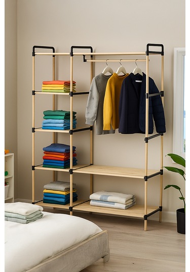 Ne-03 Modüler Raflı %100 Masif Ahşap Elbise Askısı Açık Gardırop Ahşap