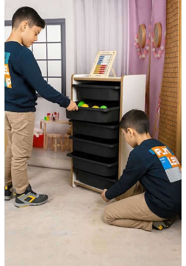 Beyaz Mdf Montessori Oyuncak Dolabı 6 Siyah Plastik Çekmeceli Siyah