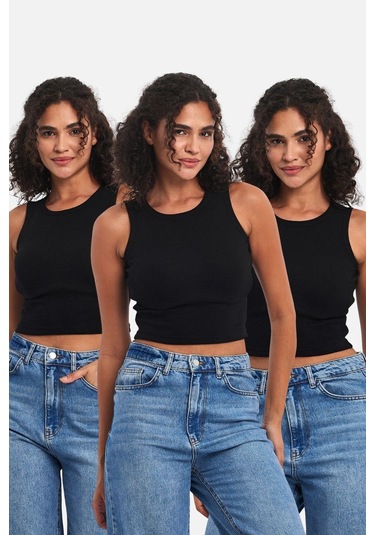 Mmetalic Fitilli Siyah Crop Halter Yaka Sıfır Kol Pamuklu 3'lü Kadın Atlet