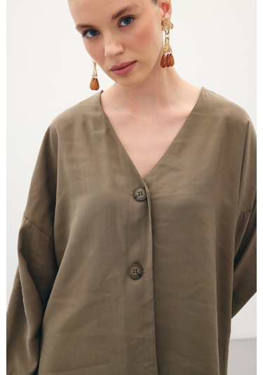 Sateen Düğmeli Kimono - Haki-136357 Haki