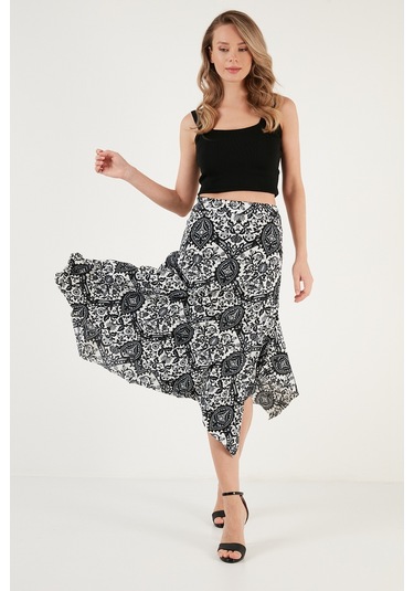 Lela Desenli Dar Kesim Asimetrik Midi Bayan Etek 5865621 Siyah-Beyaz