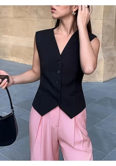 Sensuelle Kadın Sıfır Kollu Önden Düğmeli Atlas Yelek Siyah