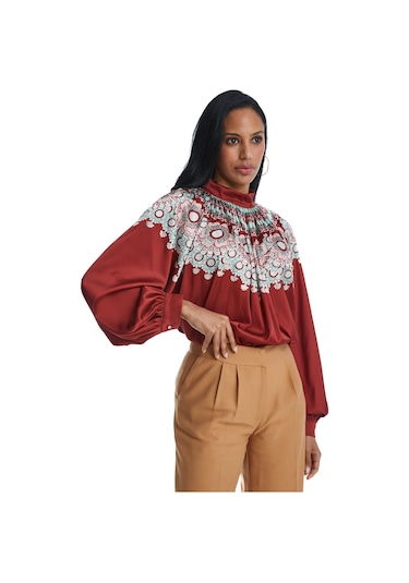 Kadın Yaka Büzgülü Desenli Bluz Salaş Kesim Ve Yüksek Yaka Detaylı Kiremit
