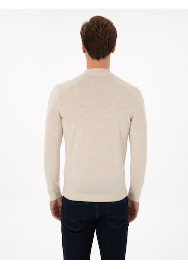 Cacharel Bej Slim Fit Yün Karışımlı Çeyrek Balıkçı Basic Triko Kazak