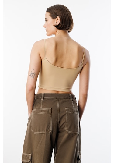 Genius Store Kadın Scuba Kumaş İp Askılı Crop Top Crop-atlet Bej