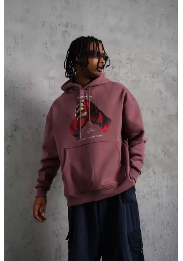 Erkek Eldiven Baskılı Kapüşonlu Sweat - Gül Kurusu renkli