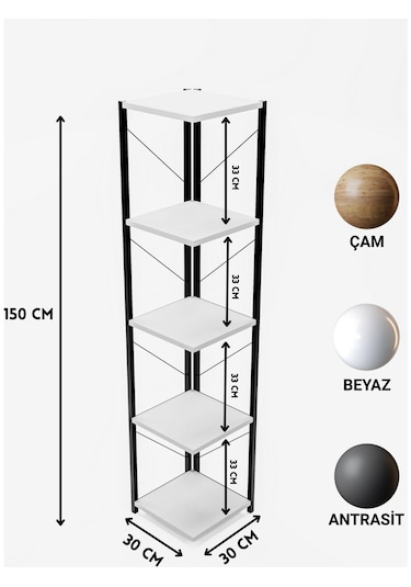 Alpa Ev Mobilya 5 Katlı Kare Raflı Metal Köşe Raf, Dekoratif Kitaplık Ve Modern Saksılık Antrasit