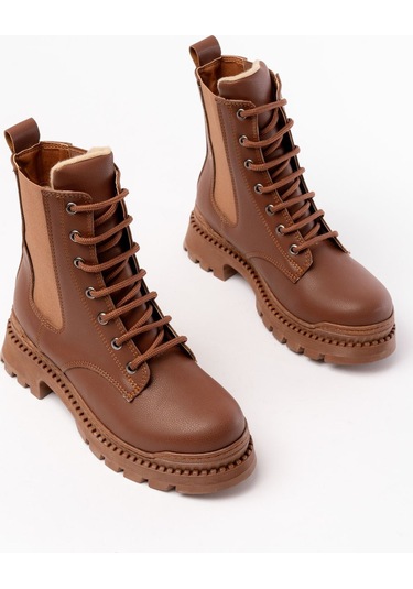 2051-298 Taba Düz Topuklu Bağcıklı Lastikli Günlük Kadın Bot Acı Kahverengi