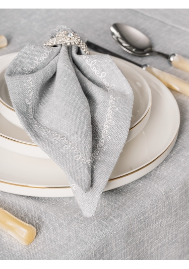 Cotton Box Keten Masa Örtüsü Takımı Pera Gri 175x240