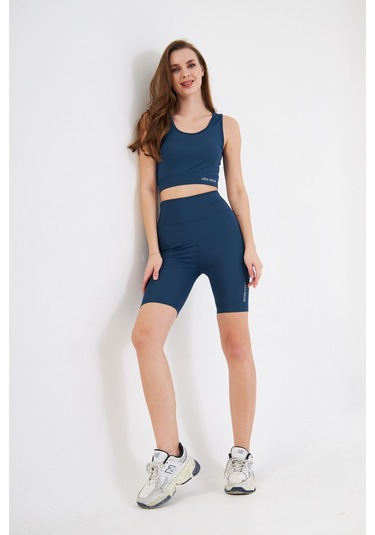 Lesa Wear Yüksek Bel Likralı Toparlayıcı Kısa Şort Tayt Crop Takım Mavi