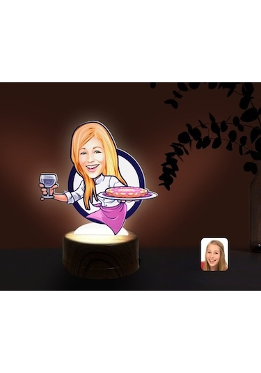 Kişiye Özel Kadın Garson Karikatürlü Dekoratif 3D Biblo Led Işıkl