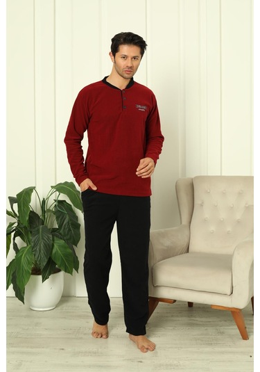 Erkek Cepli Kışlık Polar Pijama Takımı 2248 Bordo