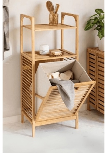 Büro Ev Ofis Dekoru İçin 40x35x95cm 2 Raflı Kumaş Hazneli Ahşap Kirli Çamaşır Sepeti Diğer