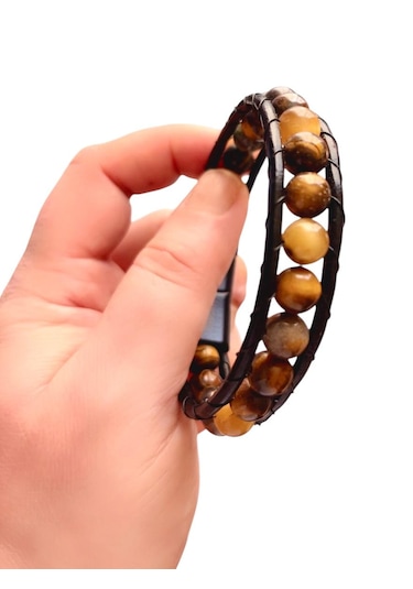 Kaplan Gözü Doğal Taş Çelik Hakiki Deri Erkek Bileklik 21 Cm Kahverengi - Siyah