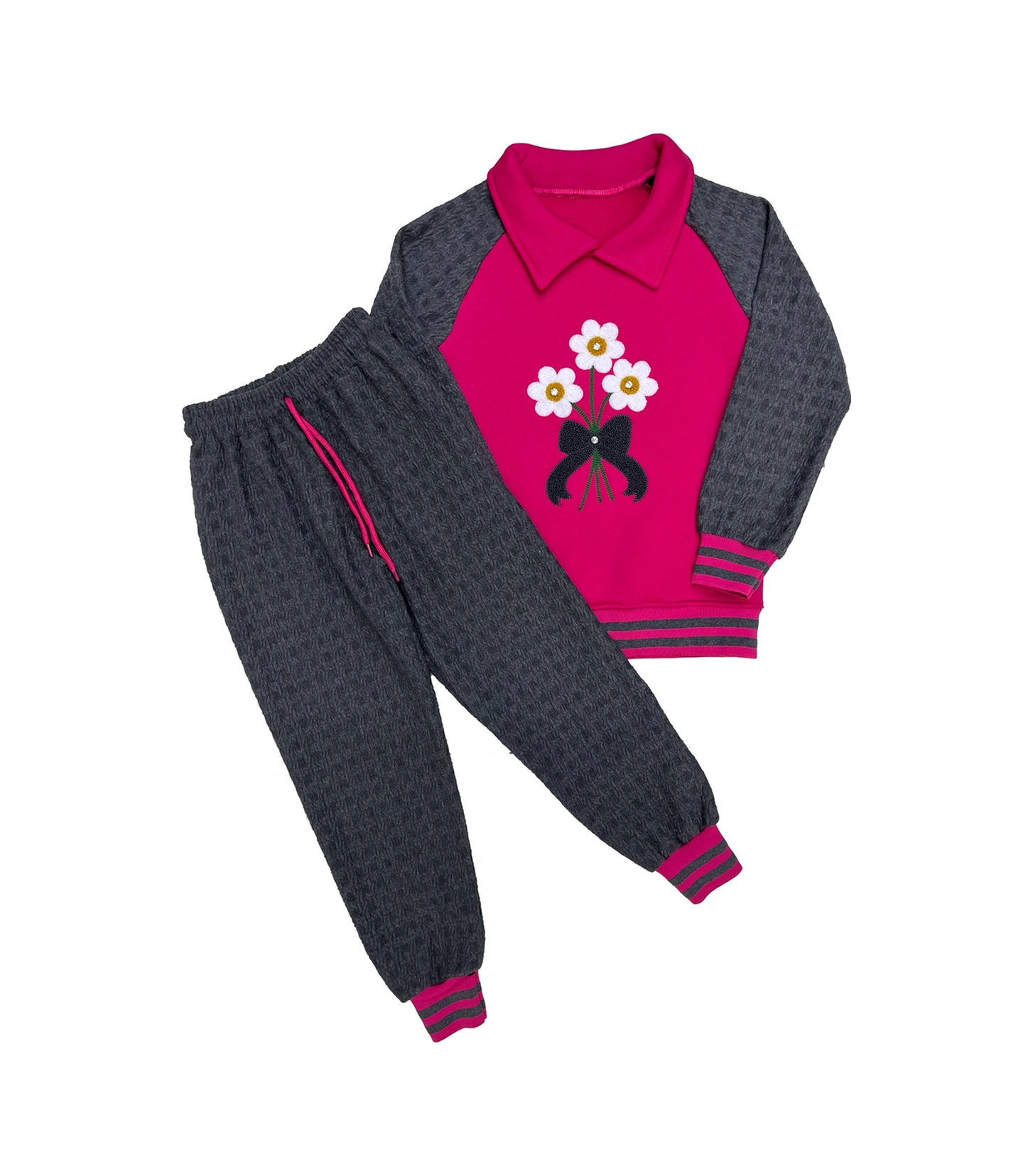 Kız Çocuk Papatya Nakışlı Ribana Detaylı 3 İplik Alt- Üst Takım 12322 Fuşya