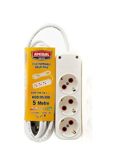 Amiral 3' Lü Topraklı 5 Metre Kablolu Grup Priz Belirtilmemiş