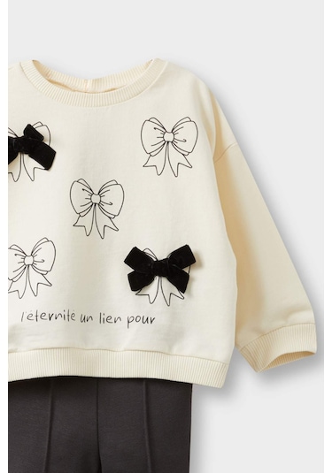 Defacto Kız Bebek 2li Takım Baskılı Sweatshirt İspanyol Paça Tayt F4857a525auer134 Ekru