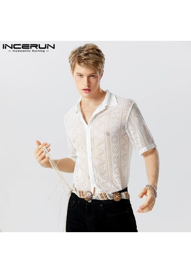 Incerun Yaz Erkek Yarım Kol Şeffaf Fileli İplik Dantel Gömlekler Beyaz