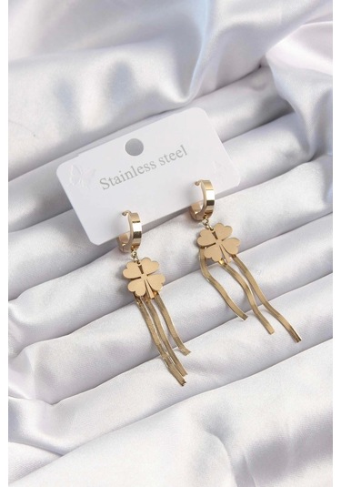 316l Çelik Altın Renk İtalyan Zincirli Yonca Model Halka Küpe