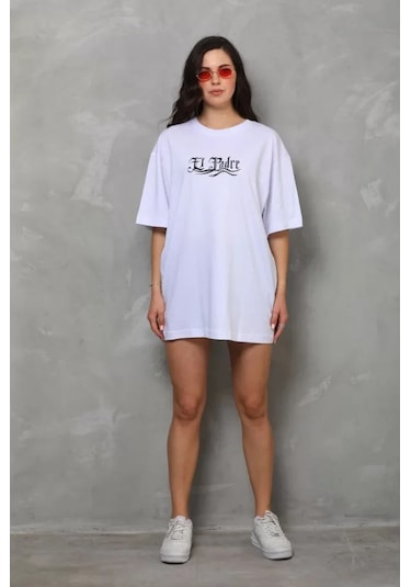 Amorluxe Unisex Bisiklet Yaka Baskılı Oversize T-shirt - Beyaz