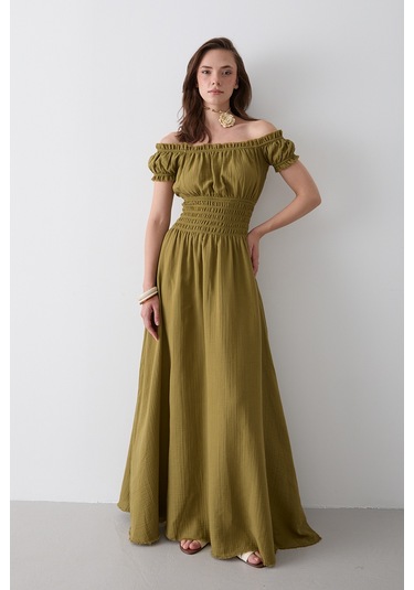 Haki Büzgülü Elbise - 2002 Haki