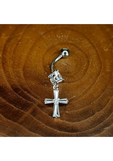 Aya Tasarım Gümüş Renkli Taşlı Haç Figürlü Göbek Piercing Gümüş