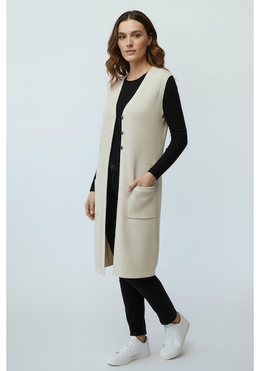 Kadın Önü 3 Düğmeli Üstten Cepli Uzun Yelek Krem