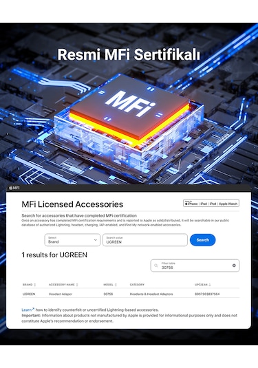 Ugreen Mfi Sertifikalı Lightning To 3.5mm Aux Dönüştürücü Adaptör, Siyah, 30756