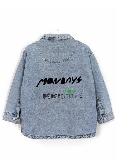 Gömlek Yaka Ön Ve Arkası Baskılı Erkek Çocuk Denim Ceket 1996 Mavi