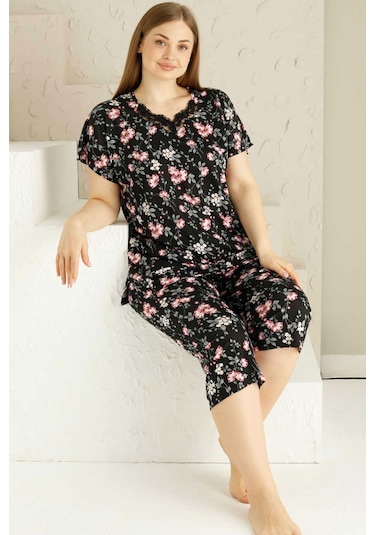 Alimer Kadın Siyah Büyük Beden Bermuda Pijama Takm Edy2735b-s Siyah