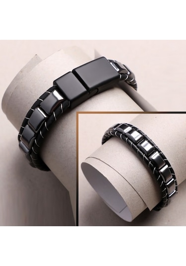 Hg.Aksesuar Erkek Hematit Örmeli Deri Bileklik 7121 Gümüş