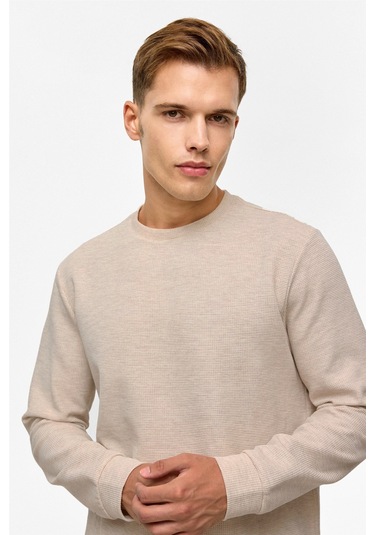 Süvari Bol Kesim O Yaka Melanj Desenli Waffle Sweatshirt Kahve