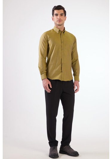 Koyu Sarı Erkek Slim Fit Düz Brent Düğmeli Yaka Uzun Kol Gömlek - 102489 Koyu Sarı