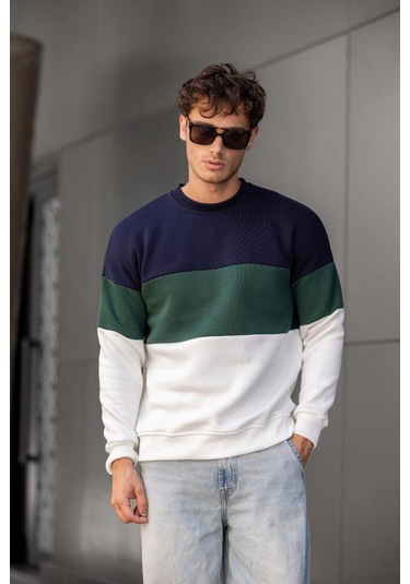 Trc 3244 Üç İplik Pamuklu Parçalı Bisiklet Yaka Erkek Sweatshirt 001