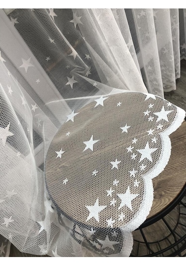 Tül Perde Çocuk Odası Irili Ufaklı Yıldız Desen Örme Kumaş Ekru