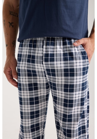 Akbeniz Erkek Lacivert Düğmeli Yaka Kısa Kol Pijama Takımı