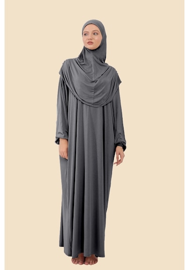 Tek Parça Tesettür Namaz Elbisesi Tak Çıkar Başörtülü Organik Pamuklu Lastikli Kolu Kaymaz Penye Füme