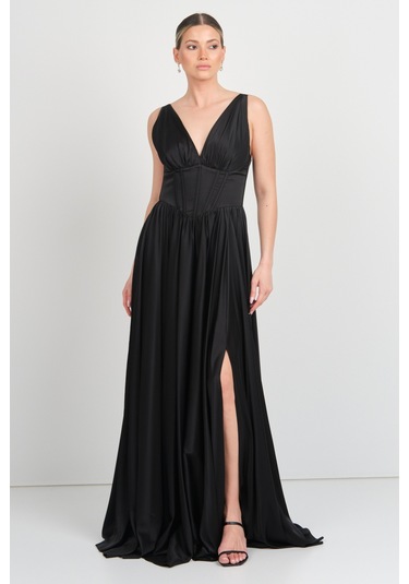 Doridorca Kadın Derin V Yaka Sırttan Bağlamalı Maxi Abiye Elbise 7091 Siyah Siyah