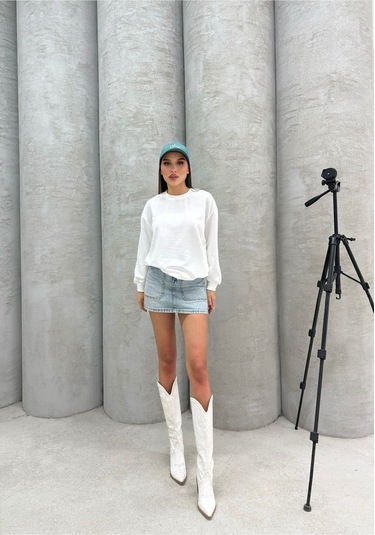 Düz Renk Kadın Sweatshirt Beyaz