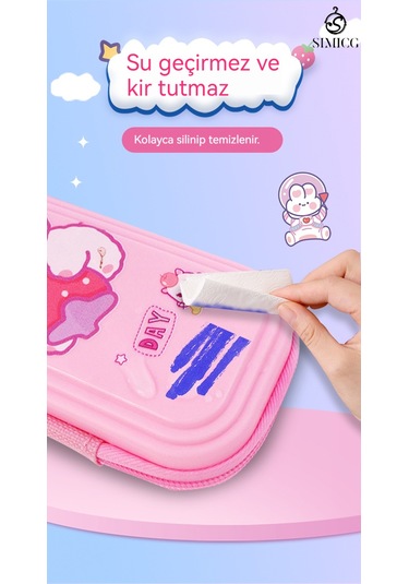 Karikatür Büyük Kapasiteli Su Geçirmez Çift Katmanlı Plastik Kalem Kutusu Pembe